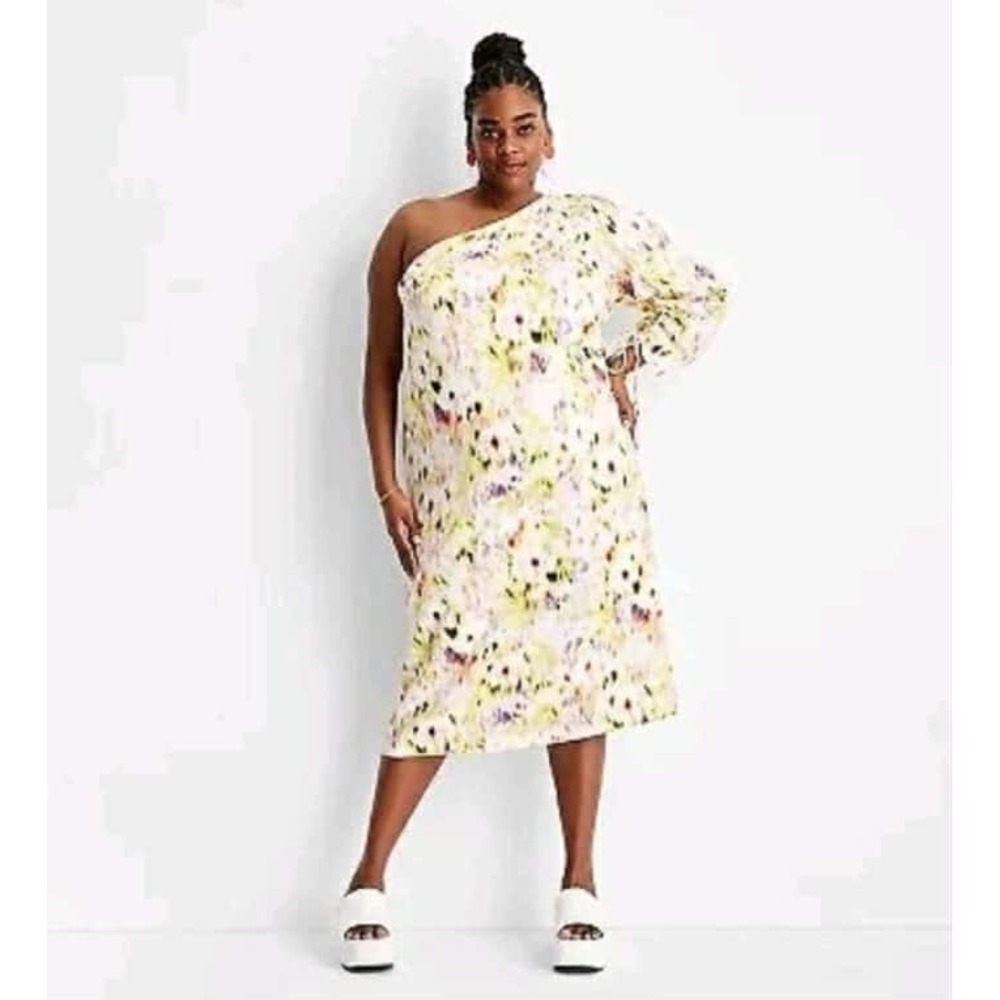 Target One Shoulder Abstract Floral Midi Dress Yellow‎ Purple Asymmetrical XL